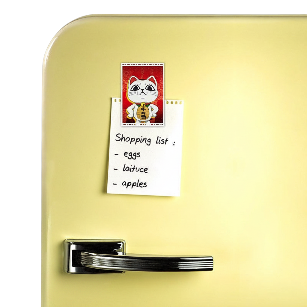 Aimant NIPPON DOKI STORE Dan Da Dan Mémé Turbo rectangulaire fixé sur un réfrigérateur jaune avec une liste de courses