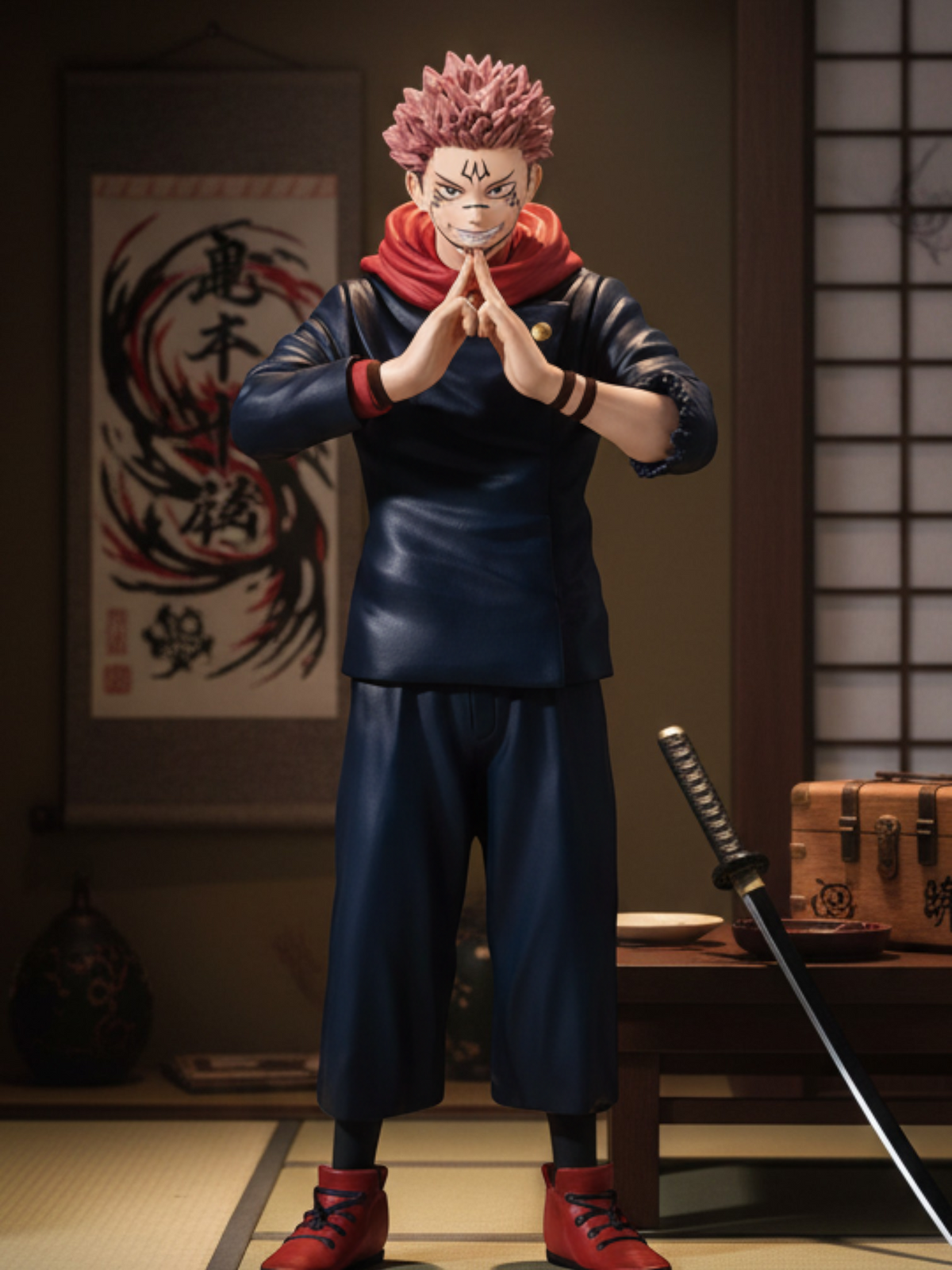 Figurine NIPPON DOKI STORE de 16 cm représentant Ryomen Sukuna de Jujutsu Kaisen dans une pose de combat iconique.