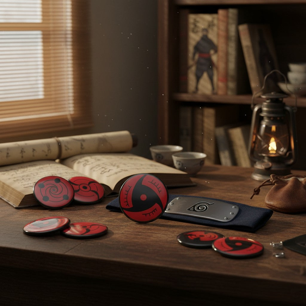 Badges Naruto 50mm NIPPON DOKI STORE avec motifs Sharingan posés sur une table en bois style ninja