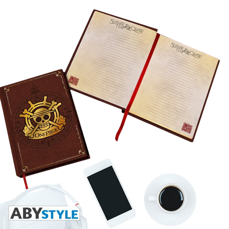 Cahier A5 Premium Skull One Piece marron avec logo tête de mort, proposé par NIPPON DOKI STORE