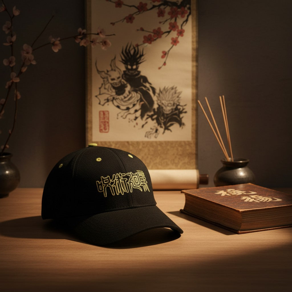 Casquette noire Jujutsu Kaisen avec logo brodé jaune, accessoire officiel NIPPON DOKI STORE au style streetwear