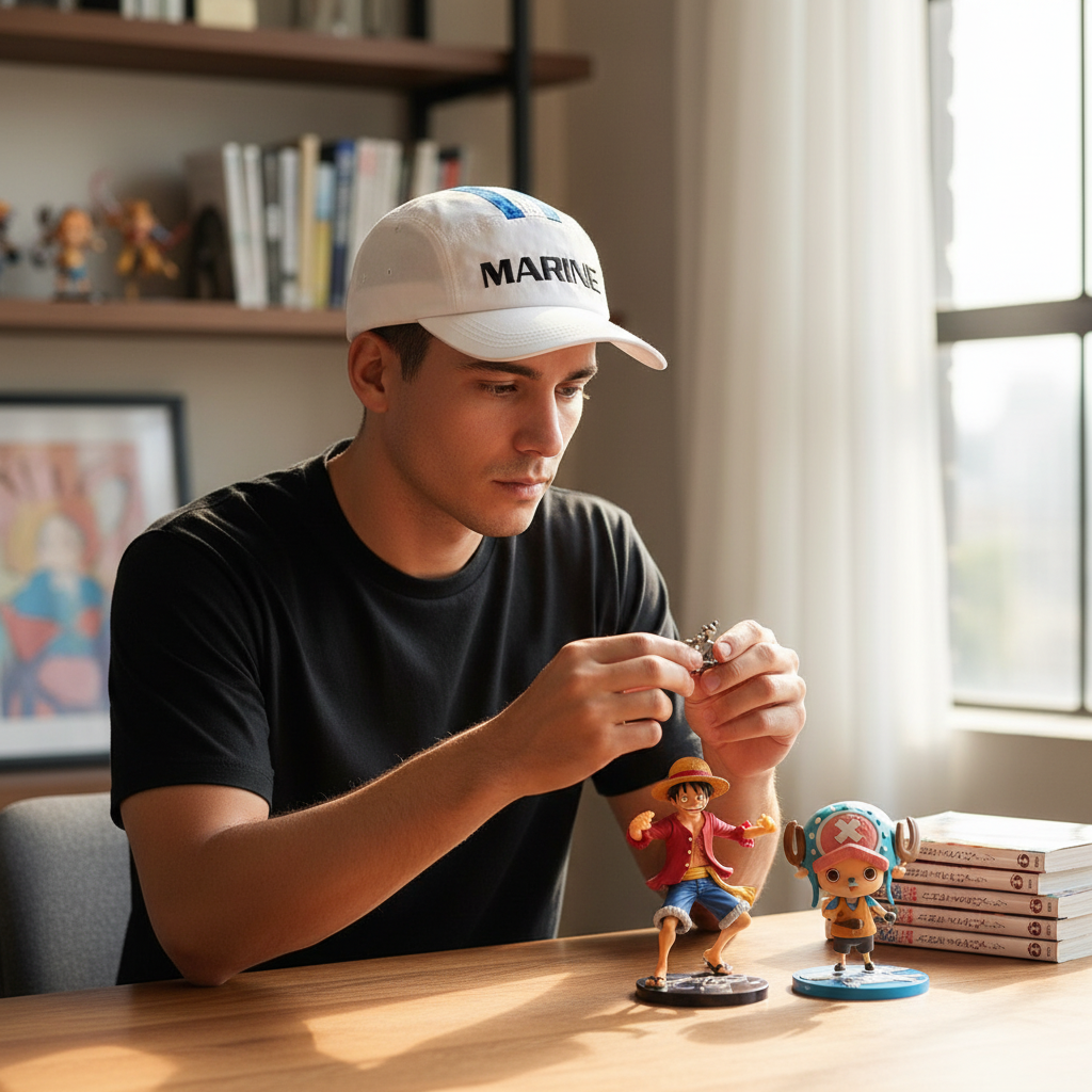 Un homme portant une casquette blanche Marine de NIPPON DOKI STORE, entouré de figurines One Piece sur son bureau.