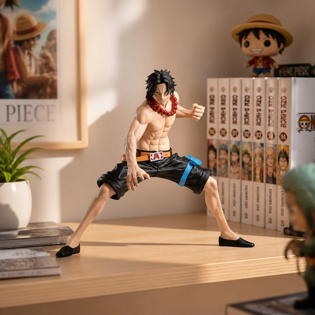Figurine NIPPON DOKI STORE de Portgas D. Ace de One Piece, gamme Grandista 20cm, posant sur un bureau avec des mangas.