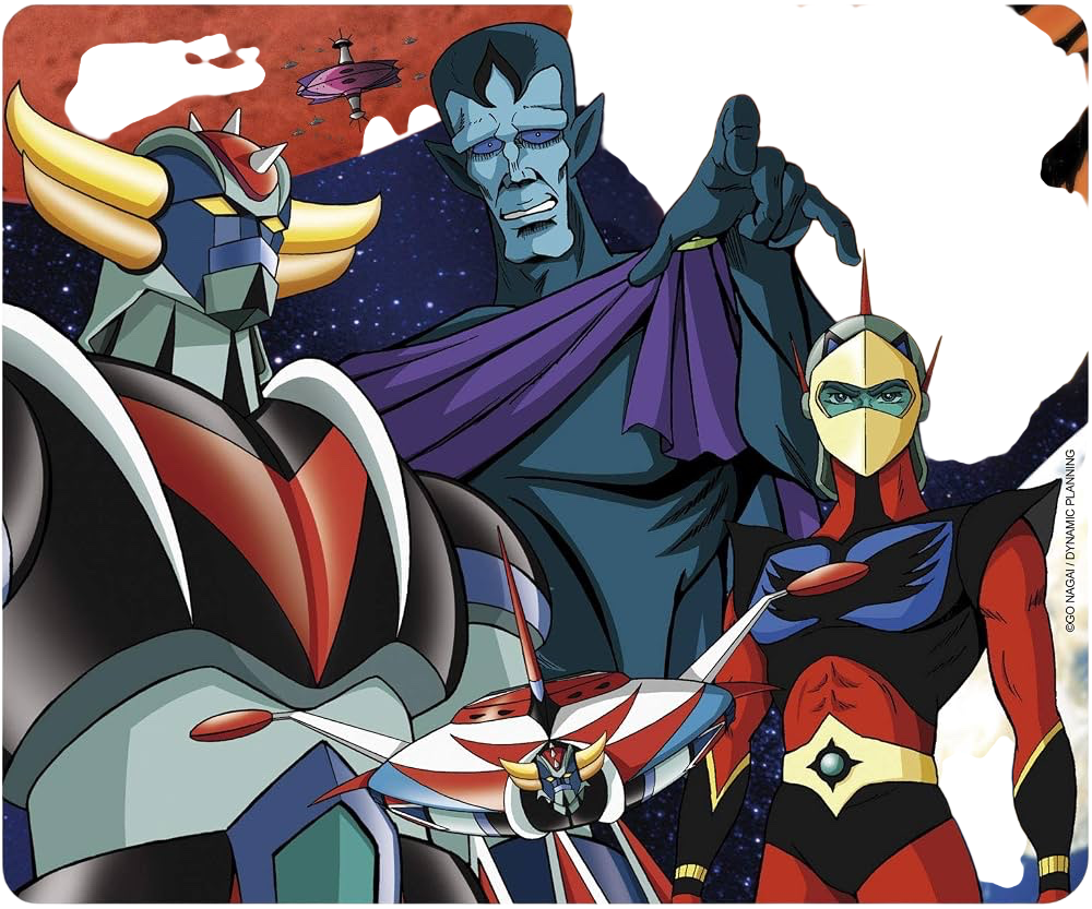 NIPPON DOKI STORE Goldorak group mouse pad featuring Grendizer, Duke Fleed, and Koji Kabuto in a space battle scene