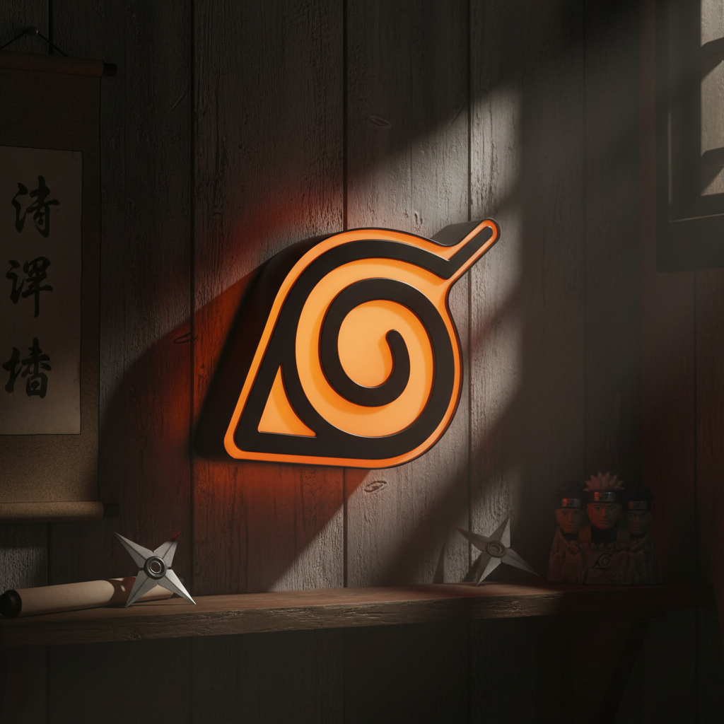 Lampe murale NIPPON DOKI STORE Naruto Konoha diffusant une lumière orange sur un mur en bois rustique