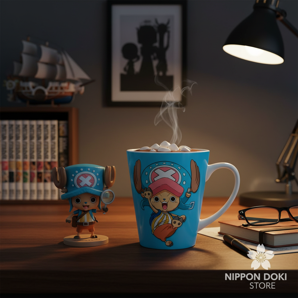 Mug en céramique bleu NIPPON DOKI STORE avec illustration de Chopper de One Piece, posé sur un bureau avec figurine