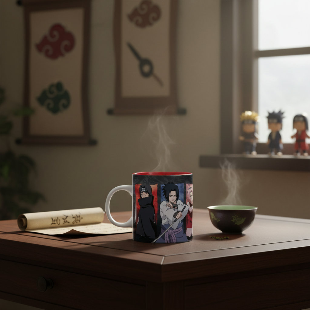 Mug en céramique NIPPON DOKI STORE Naruto de 320 ml avec illustration des personnages sur fond rouge et noir