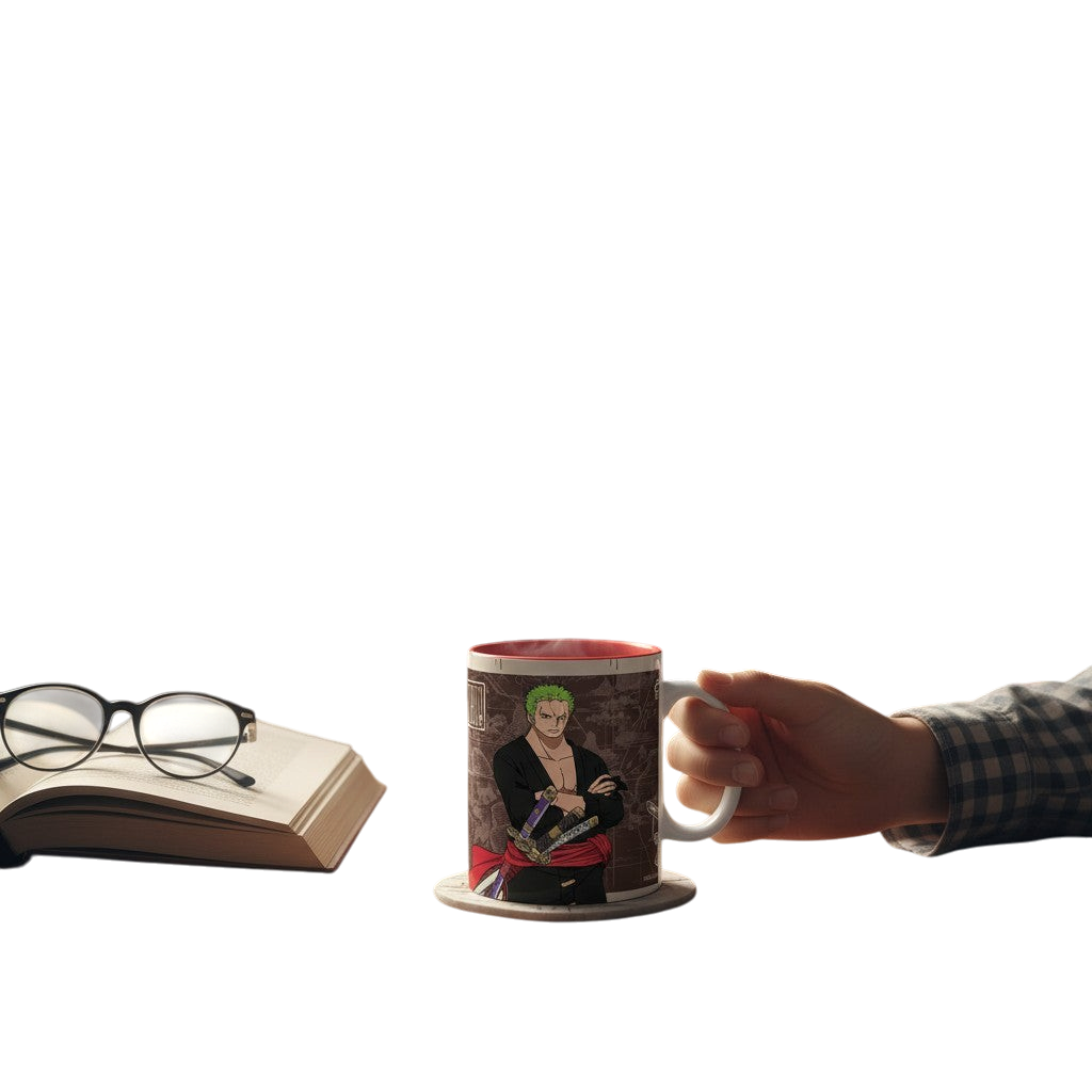 Mug en céramique NIPPON DOKI STORE 460ml One Piece Zoro Wanted avec intérieur rouge sur un bureau