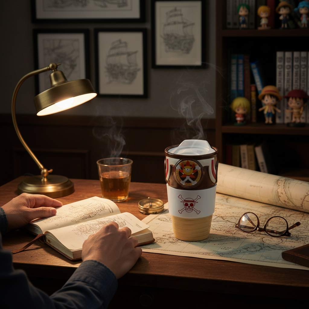 Mug de voyage en céramique NIPPON DOKI STORE Thousand Sunny One Piece avec couvercle sur un bureau d'explorateur