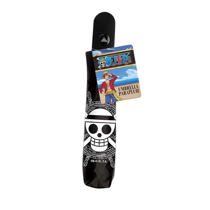 Parapluie noir pliable NIPPON DOKI STORE avec logo tête de mort One Piece et étiquette officielle Luffy
