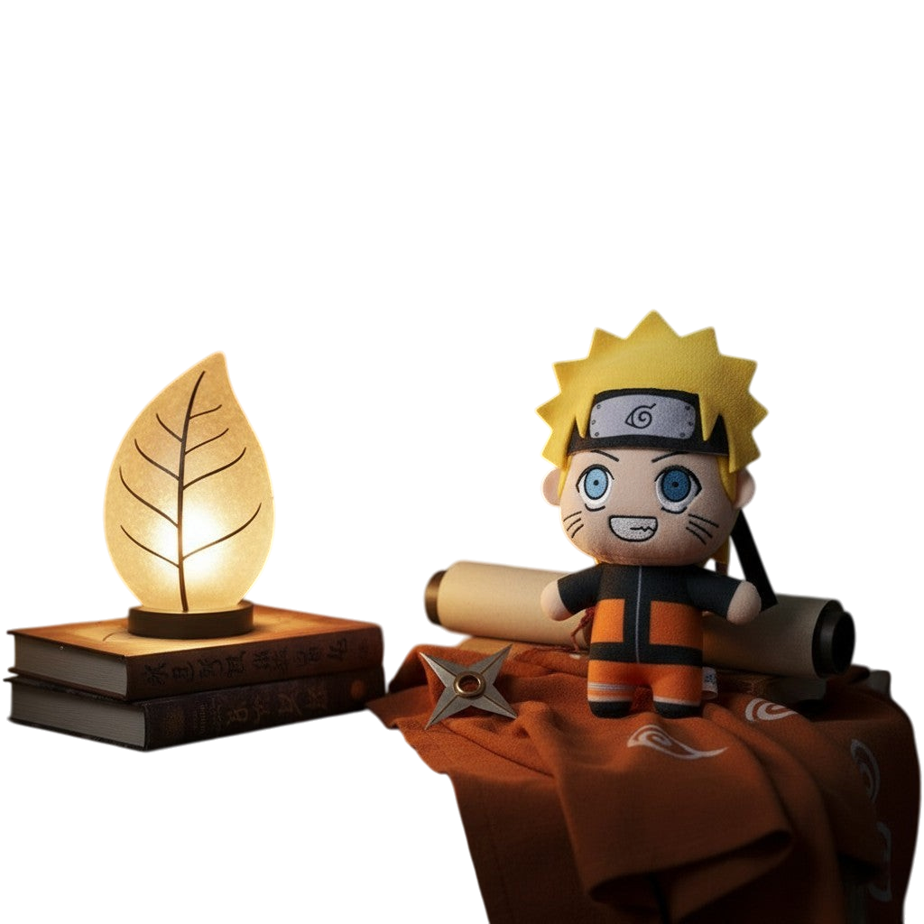 Peluche Naruto 15 cm NIPPON DOKI STORE, personnage aux cheveux blonds et tenue orange, posée sur une table en bois.