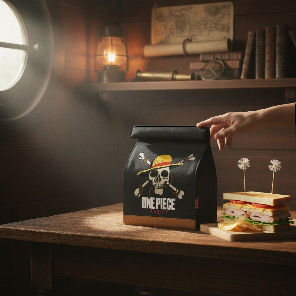 Sac déjeuner isotherme noir NIPPON DOKI STORE avec logo One Piece Netflix et tête de mort sur une table en bois