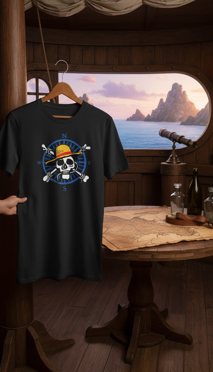 T-shirt noir NIPPON DOKI STORE avec logo pirate One Piece et chapeau de paille sur fond de cabine de navire