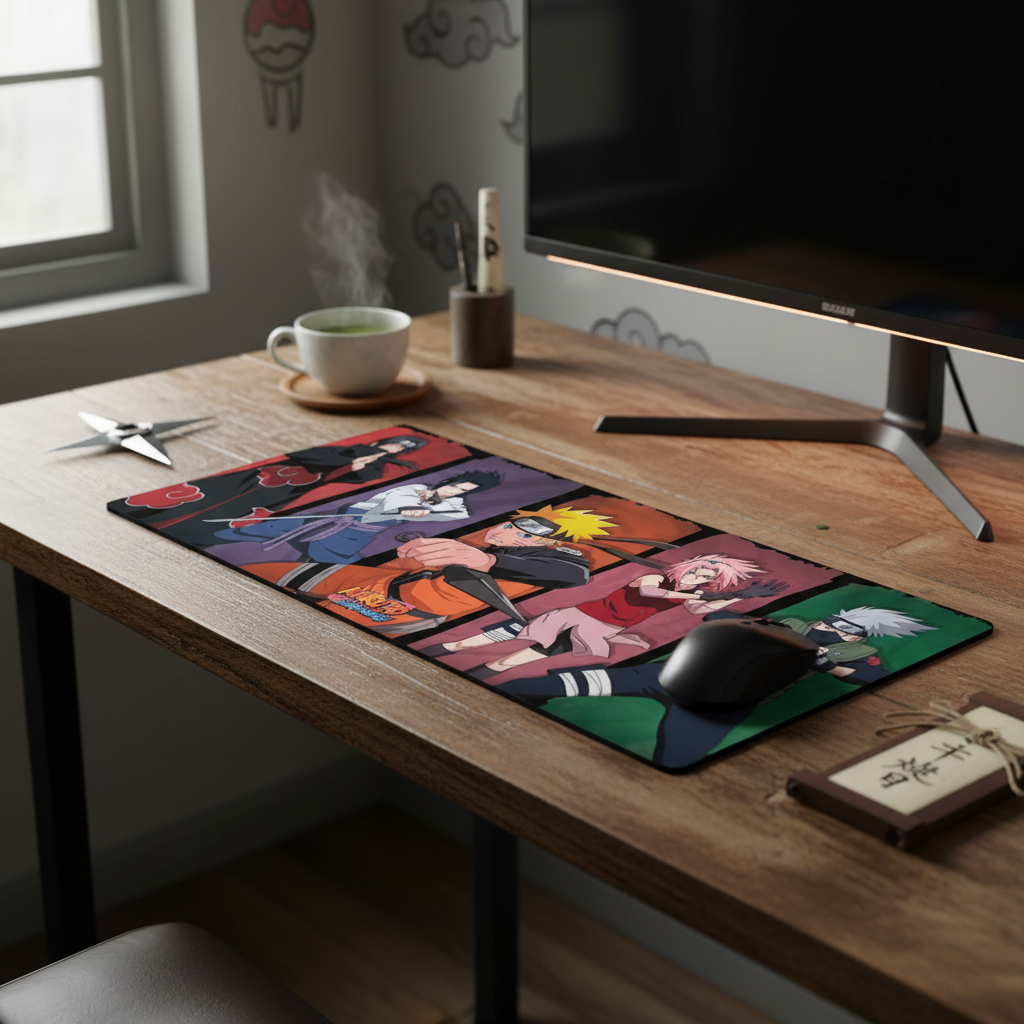 Tapis de souris XXL NIPPON DOKI STORE Naruto avec personnages de Konoha sur un bureau en bois