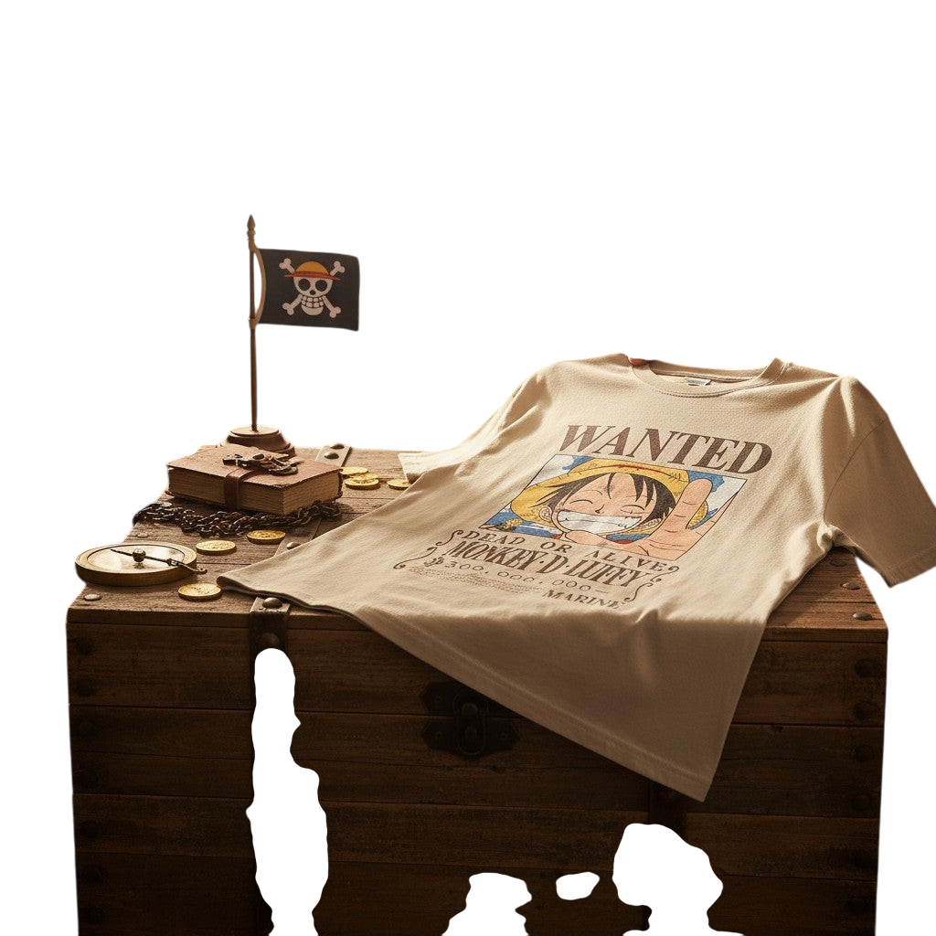 T-shirt unisexe sable NIPPON DOKI STORE en coton avec imprimé Wanted Monkey D. Luffy de One Piece sur un coffre