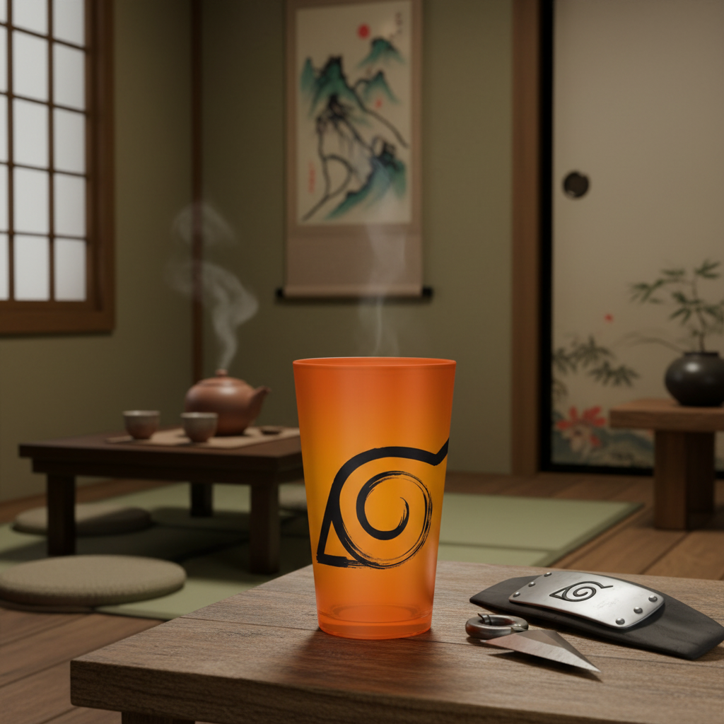 Verre XXL 400ml NIPPON DOKI STORE Naruto avec logo Konoha orange sur table en bois dans un décor japonais