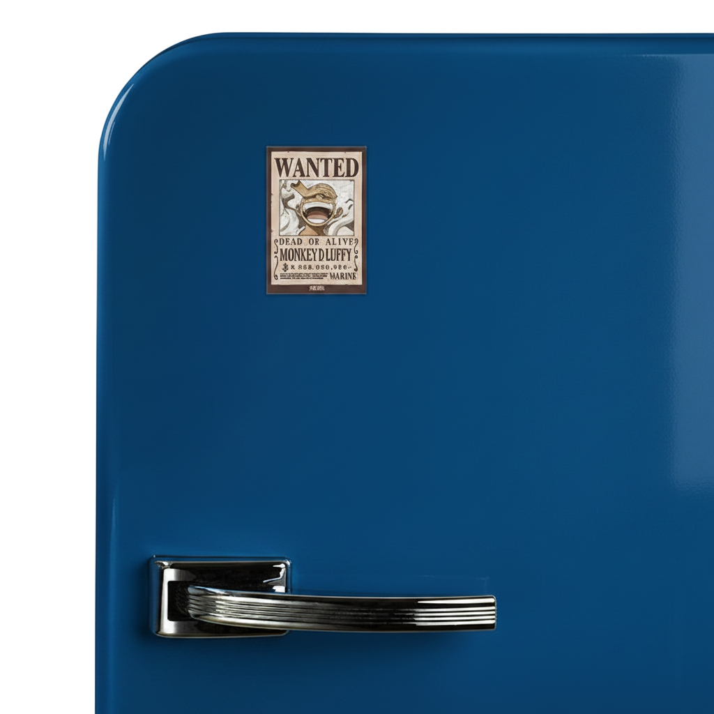 Aimant NIPPON DOKI STORE Wanted Luffy de One Piece fixé sur la porte d'un réfrigérateur bleu