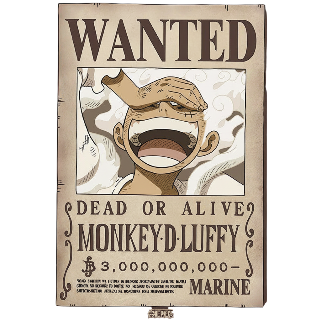 Aimant NIPPON DOKI STORE représentant l'avis de recherche Wanted de Monkey D. Luffy en Gear 5 de One Piece