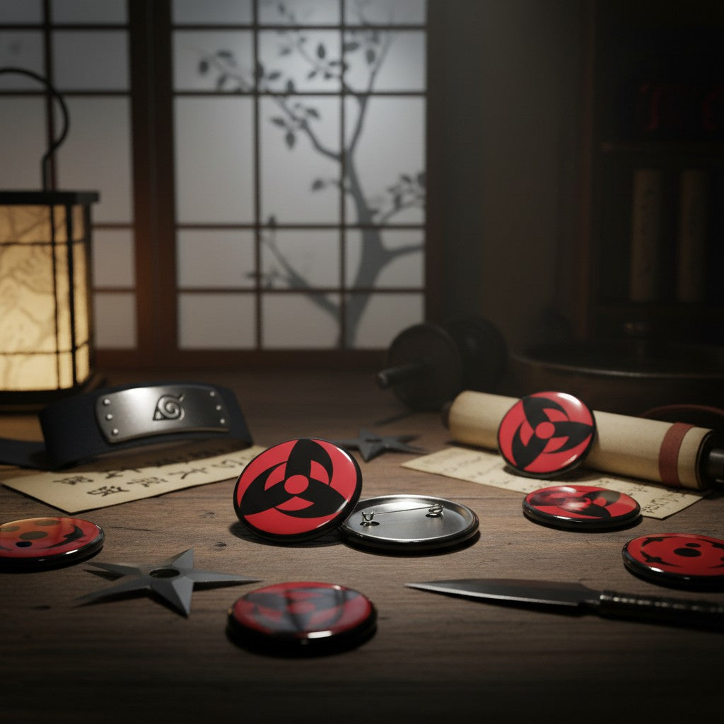 Badges Naruto 50mm NIPPON DOKI STORE avec motif Sharingan rouge et noir sur une table en bois style japonais
