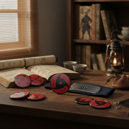 Badges Naruto 50mm NIPPON DOKI STORE avec motifs Sharingan posés sur une table en bois style ninja