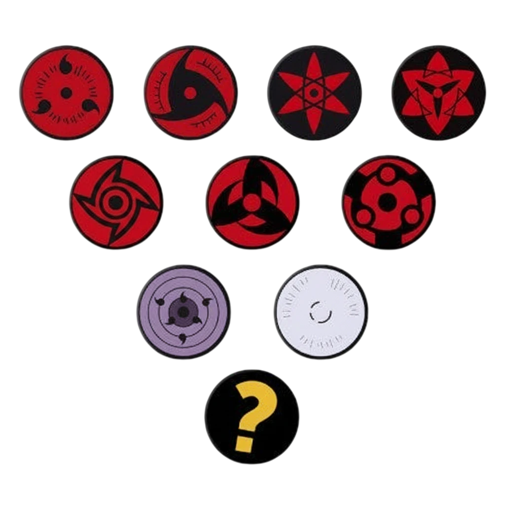 Sachet surprise NIPPON DOKI STORE contenant un badge 50mm Naruto avec divers motifs de Sharingan et Rinnegan