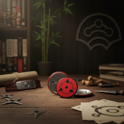 Badge 50mm Naruto Sharingan rouge et noir NIPPON DOKI STORE posé sur une table en bois avec des accessoires ninja