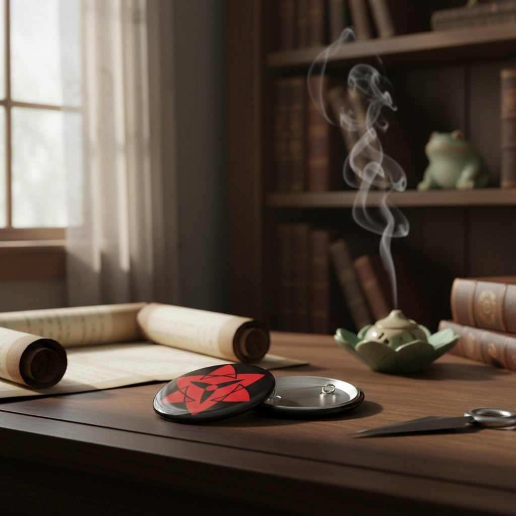 Badge 50mm Naruto NIPPON DOKI STORE noir et rouge avec motif Sharingan posé sur un bureau en bois