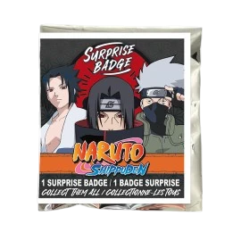 Sachet surprise contenant un badge Naruto Shippuden officiel de NIPPON DOKI STORE avec Sasuke, Itachi et Kakashi