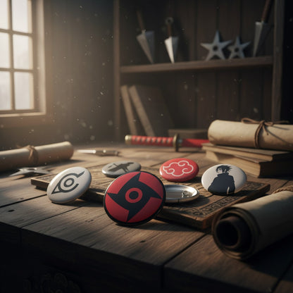 Badges Naruto 50mm NIPPON DOKI STORE avec symboles emblématiques sur une table en bois style ninja