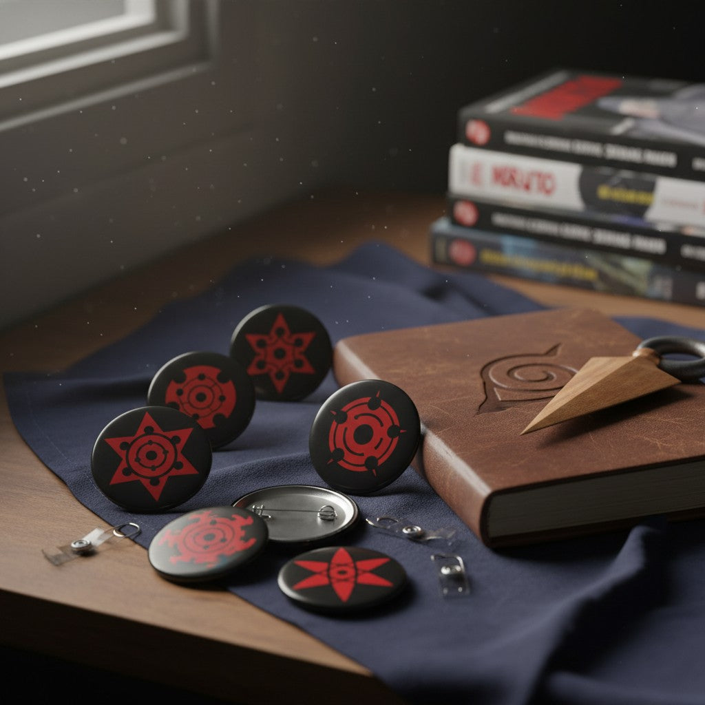 Badges Naruto 50mm noirs et rouges avec symboles de clan, vendus par NIPPON DOKI STORE sur une table en bois.