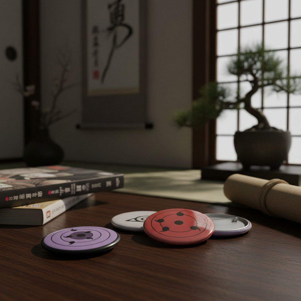 Badges Naruto 50mm NIPPON DOKI STORE avec motifs Sharingan et symbole Konoha sur une table en bois