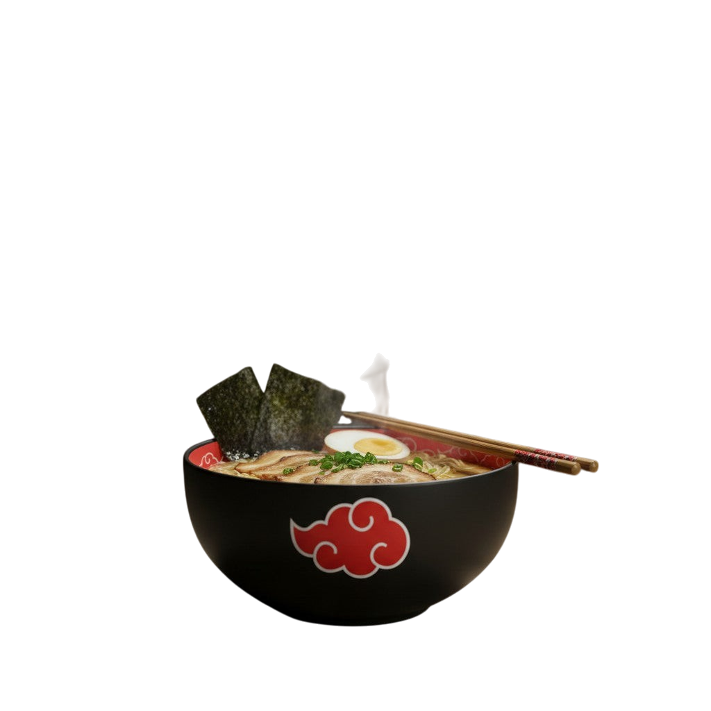 Bol en céramique NIPPON DOKI STORE Naruto Akatsuki noir et rouge rempli de ramen fumants avec baguettes sur table