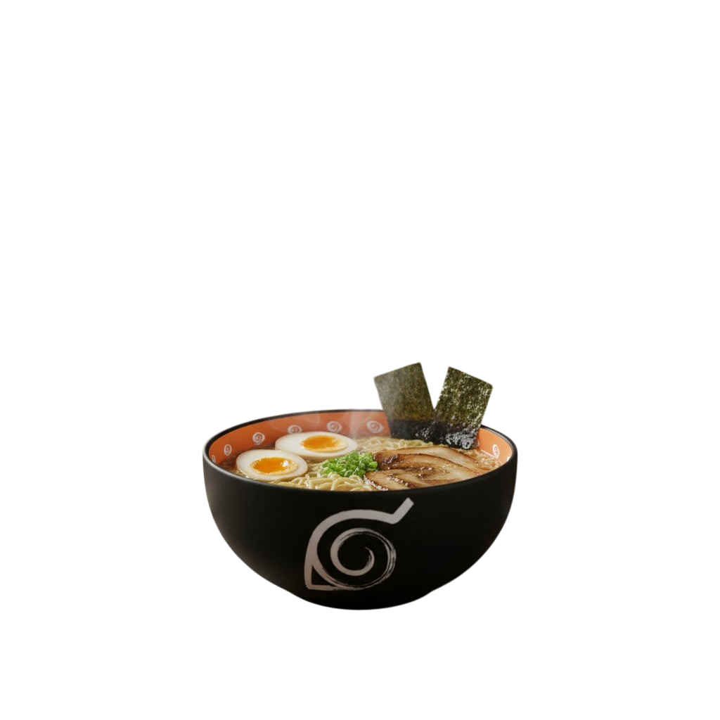 Bol en céramique noir NIPPON DOKI STORE avec logo Konoha de Naruto rempli de ramen fumants sur une table en bois