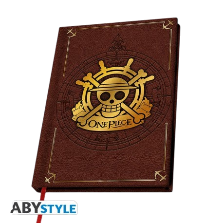 Cahier A5 Premium One Piece marron avec logo tête de mort doré, produit officiel NIPPON DOKI STORE