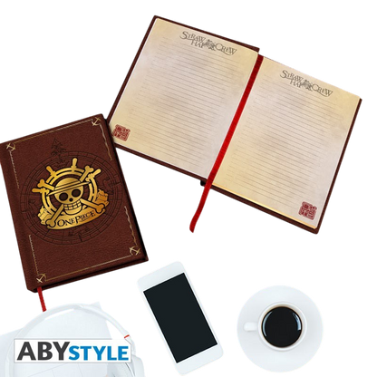 Cahier A5 Premium Skull One Piece marron avec logo tête de mort, proposé par NIPPON DOKI STORE