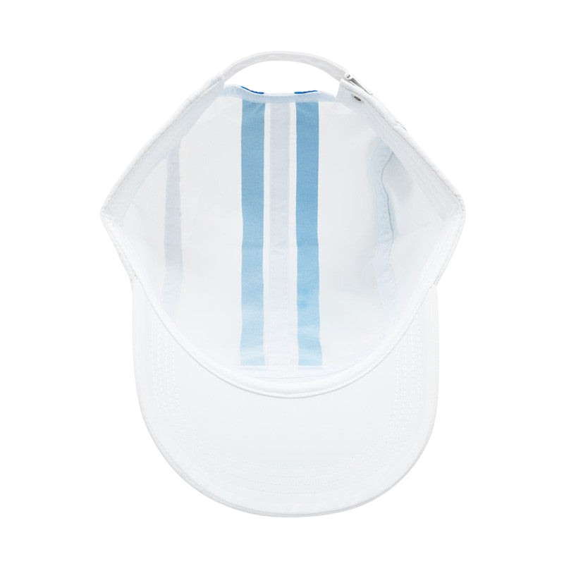 Vue intérieure de la casquette réplique Marine One Piece blanche avec bandes bleues, vendue par NIPPON DOKI STORE.