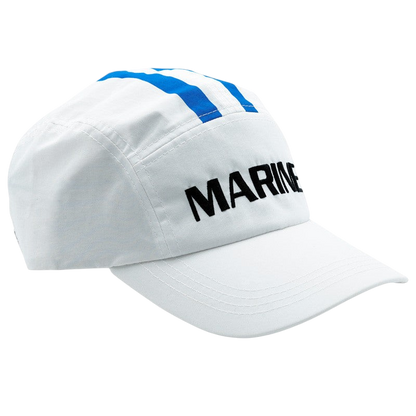 Casquette blanche Marine de One Piece par NIPPON DOKI STORE avec bandes bleues et inscription noire