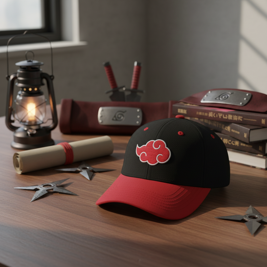 Casquette NIPPON DOKI STORE Naruto Akatsuki noire et rouge avec logo nuage brodé sur une table en bois