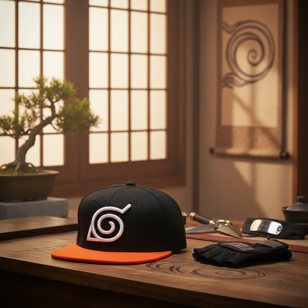 Casquette snapback NIPPON DOKI STORE Naruto noire et orange avec le symbole du village de Konoha brodé