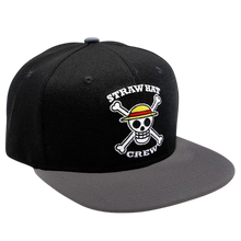 Casquette snapback NIPPON DOKI STORE noire et grise avec broderie tête de mort et chapeau de paille One Piece