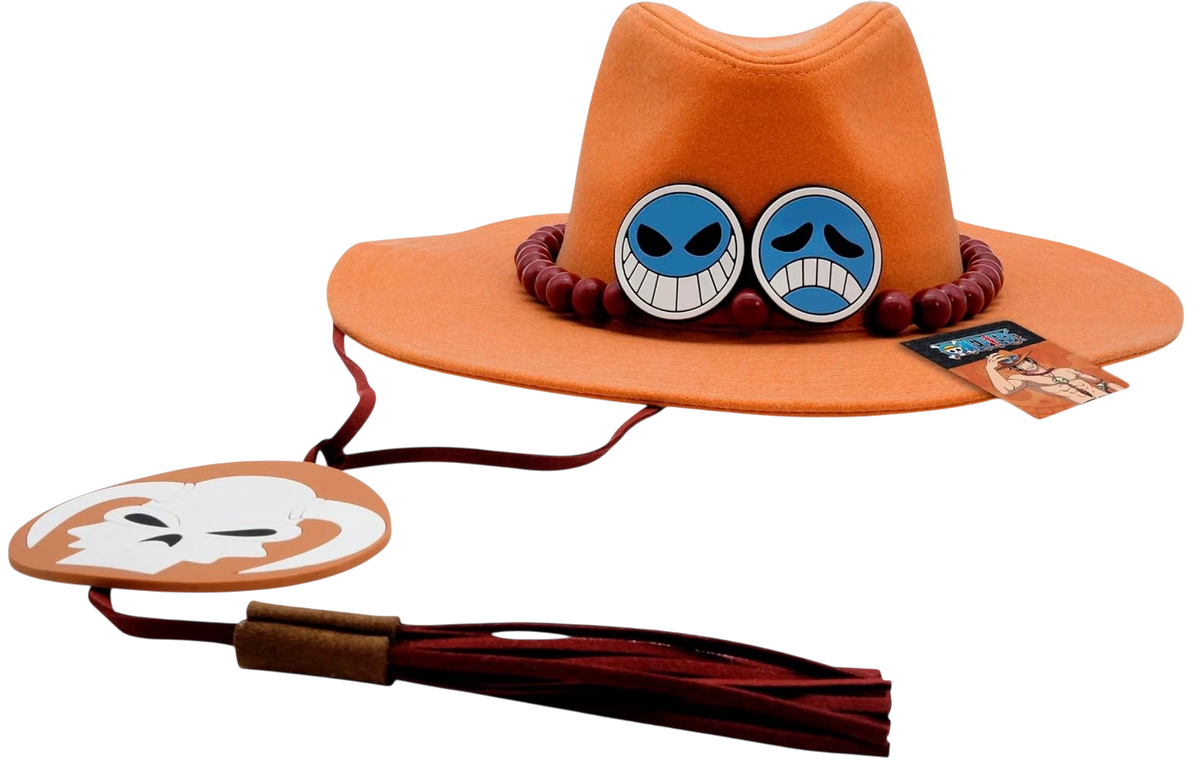 Chapeau orange de Portgas D. Ace de One Piece, réplique officielle NIPPON DOKI STORE avec badges et perles rouges.