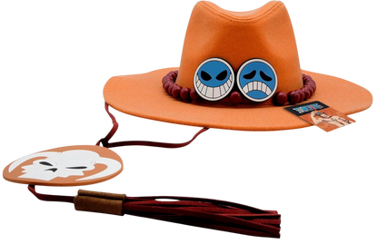Chapeau orange de Portgas D. Ace de One Piece, réplique officielle NIPPON DOKI STORE avec badges et perles rouges.