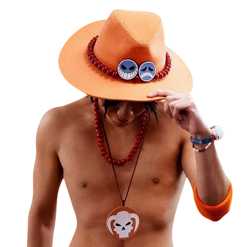 Chapeau orange de Portgas D. Ace de One Piece porté par un homme, réplique officielle NIPPON DOKI STORE pour cosplay.