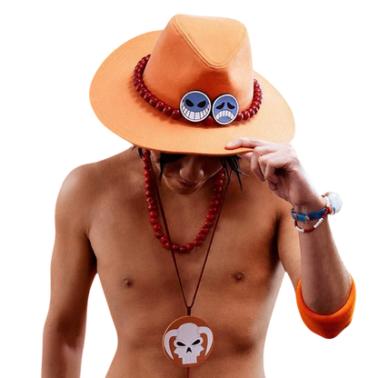 Chapeau orange de Portgas D. Ace de One Piece porté par un homme, réplique officielle NIPPON DOKI STORE pour cosplay.