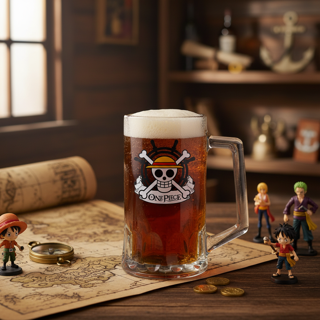 Chope à bière NIPPON DOKI STORE One Piece avec logo tête de mort Luffy sur fond de carte au trésor et figurines