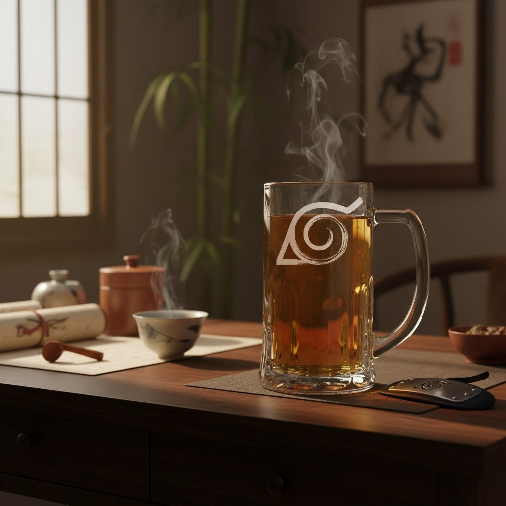 Chope en verre NIPPON DOKI STORE Naruto avec le symbole du village de Konoha remplie d'une boisson chaude fumante