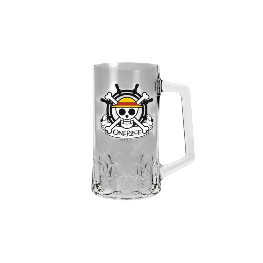 Chope en verre NIPPON DOKI STORE avec logo tête de mort et chapeau de paille de Luffy de l'anime One Piece