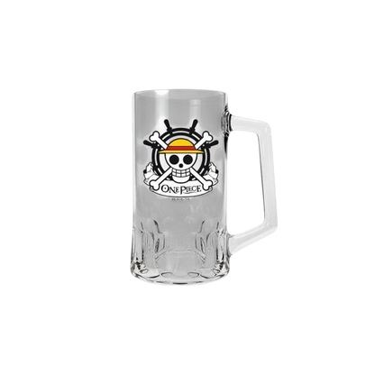 Chope en verre NIPPON DOKI STORE avec logo tête de mort et chapeau de paille de Luffy de l'anime One Piece