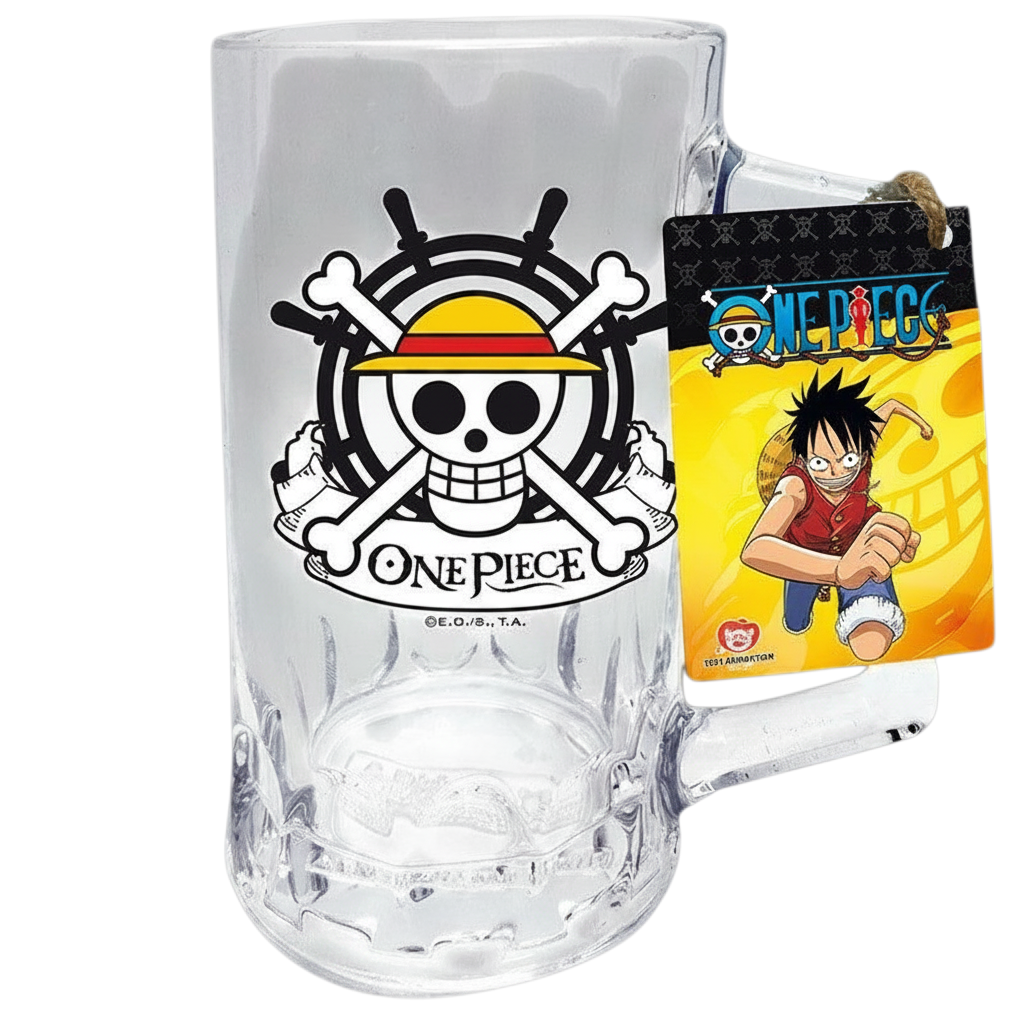 Chope en verre NIPPON DOKI STORE One Piece avec logo tête de mort et chapeau de paille de Luffy