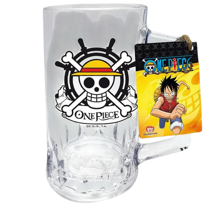Chope en verre NIPPON DOKI STORE One Piece avec logo tête de mort et chapeau de paille de Luffy